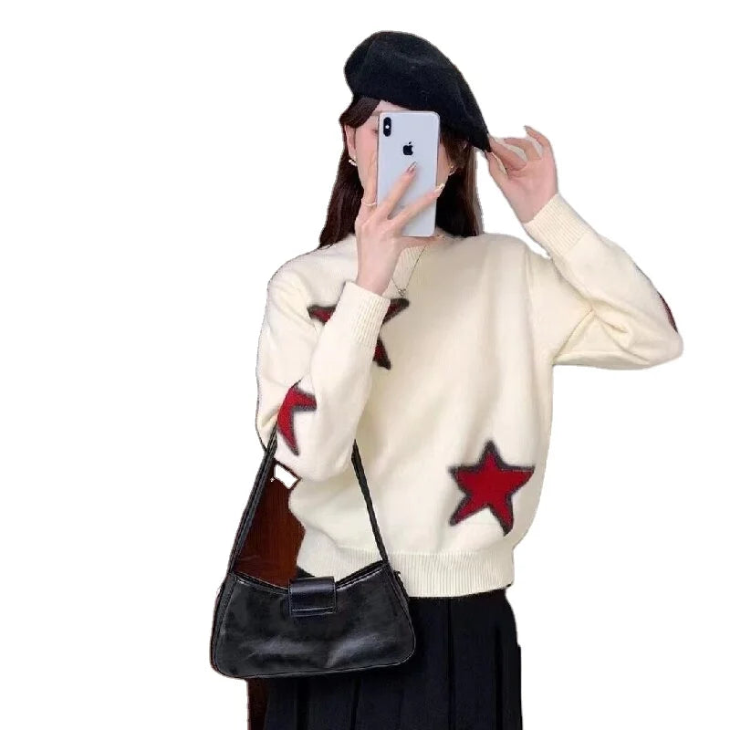 Weekend Specials Just for You 2024 spring high-quality best-selling round neck loose fashion women's solid color five-pointed star jacquard boutique knitwear Weekend Specials Just for You 2024 spring high-quality best-selling round neck loose fashion women's solid color five-pointed star jacquard boutique knitwear