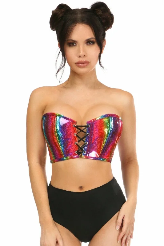 Blowout Sale Sexy Rainbow Glitter PVC Lace-Up Bustier Top
