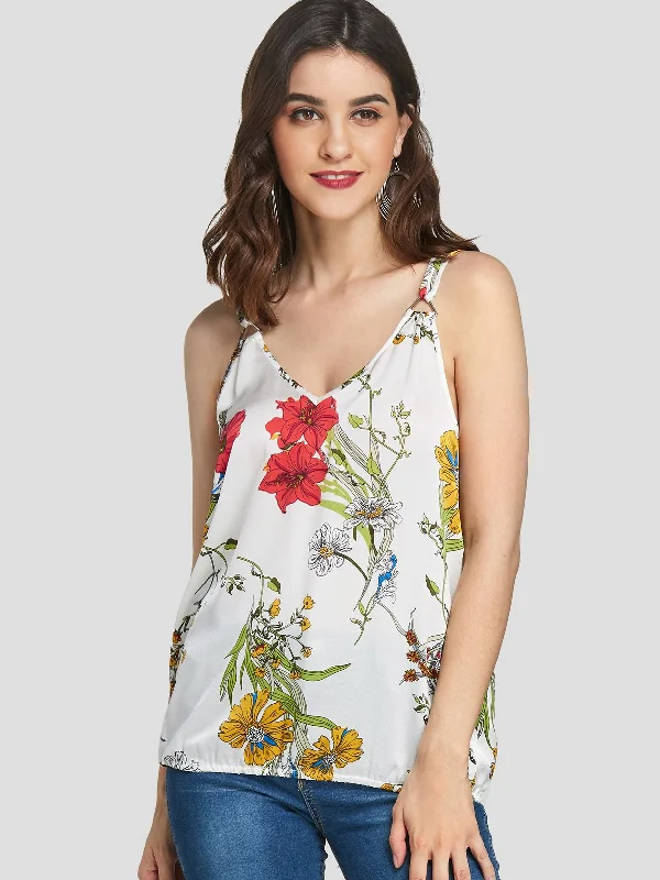 Extra Savings Wholesale V-Neck Floral Print Spaghetti Strap Sleeveless White Cami