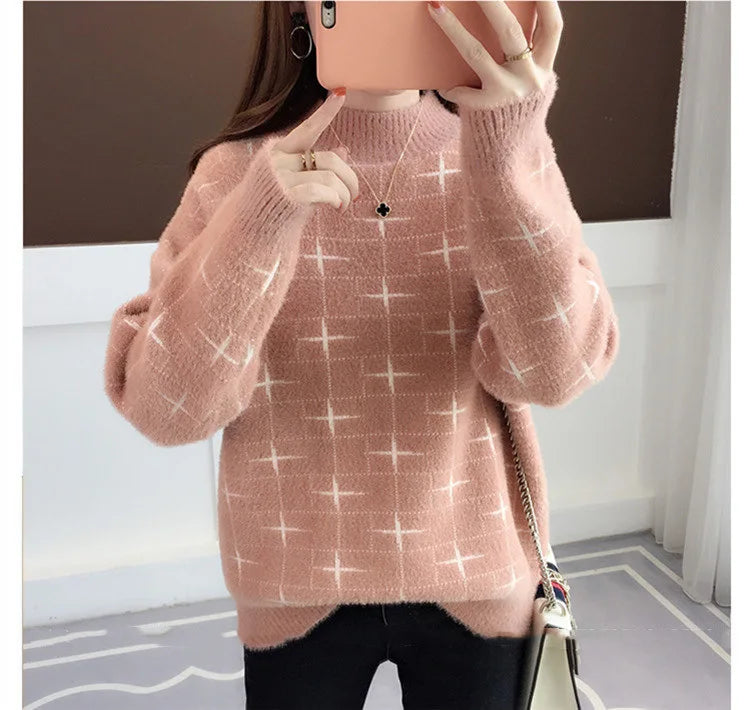 Overstock 2024 Spring new arrival Ladies mock neck long sleeve loose fit cable knit women sweater jumper Overstock 2024 Spring new arrival Ladies mock neck long sleeve loose fit cable knit women sweater jumper