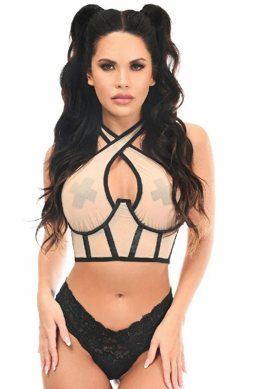Savings Event Sexy Nude Mesh Underwire Cincher with Built In Halter Top
