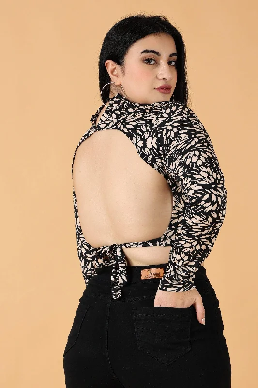 Super Sale Leaf Printed Backless Tie Top