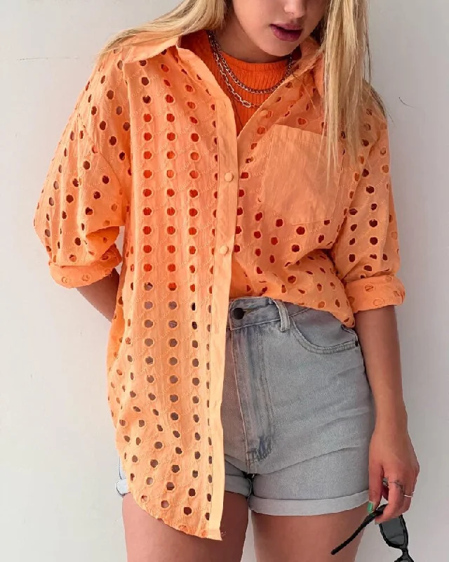 Massive Deal New Arrivals Spring Casual Fashion Hollow Out Women Blouse Shirts Lapel Long Sleeve Button Up Ladies' Blouses Tops