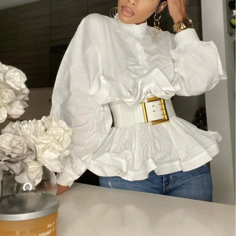 Special Promotion 2022 Streetwear elegant puff sleeves blouse tops with belt stand collar ruffle ladies shirts blouses tops women