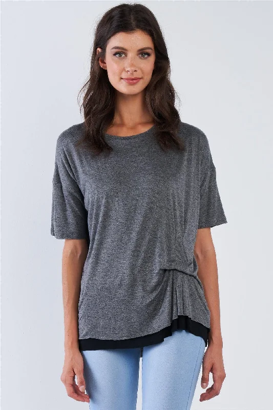 Weekend Bargains to Grab Charcoal Layered Soft Loose Fit One Sided Cinched Seam T-Shirt Weekend Bargains to Grab Charcoal Layered Soft Loose Fit One Sided Cinched Seam T-Shirt
