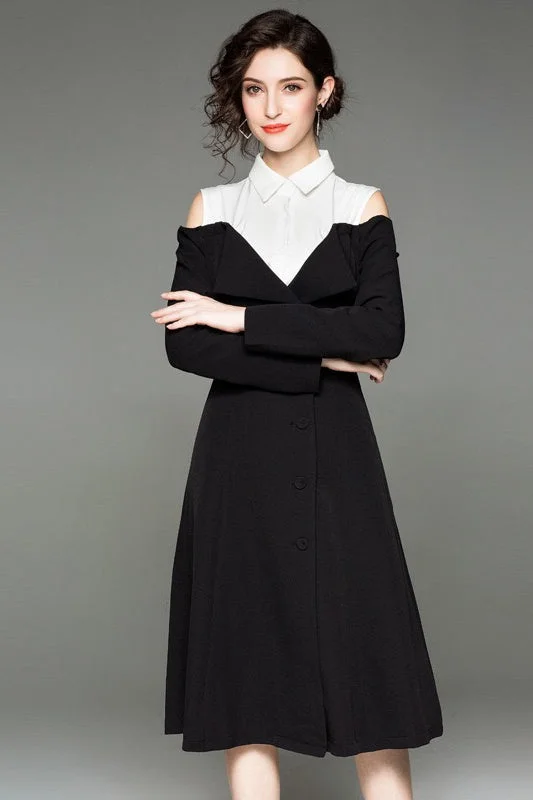 Savings Alert Cold Shoulder Black and White Dress