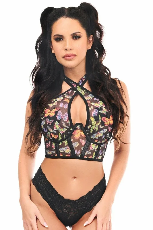 Hurry In Sexy Multi Butterflies Mesh Underwire Cincher with Built In Halter Top