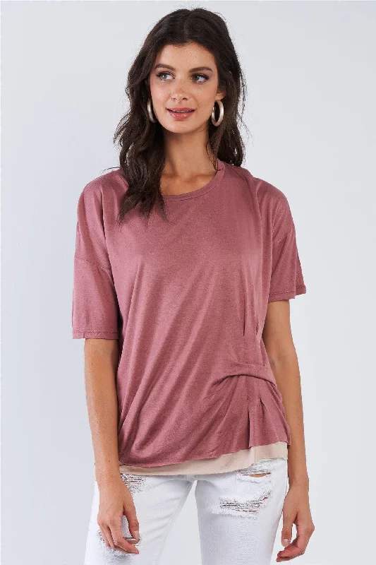 Weekend Deals That Amaze Rose Layered Soft Loose Fit One Sided Cinched Seam T-Shirt