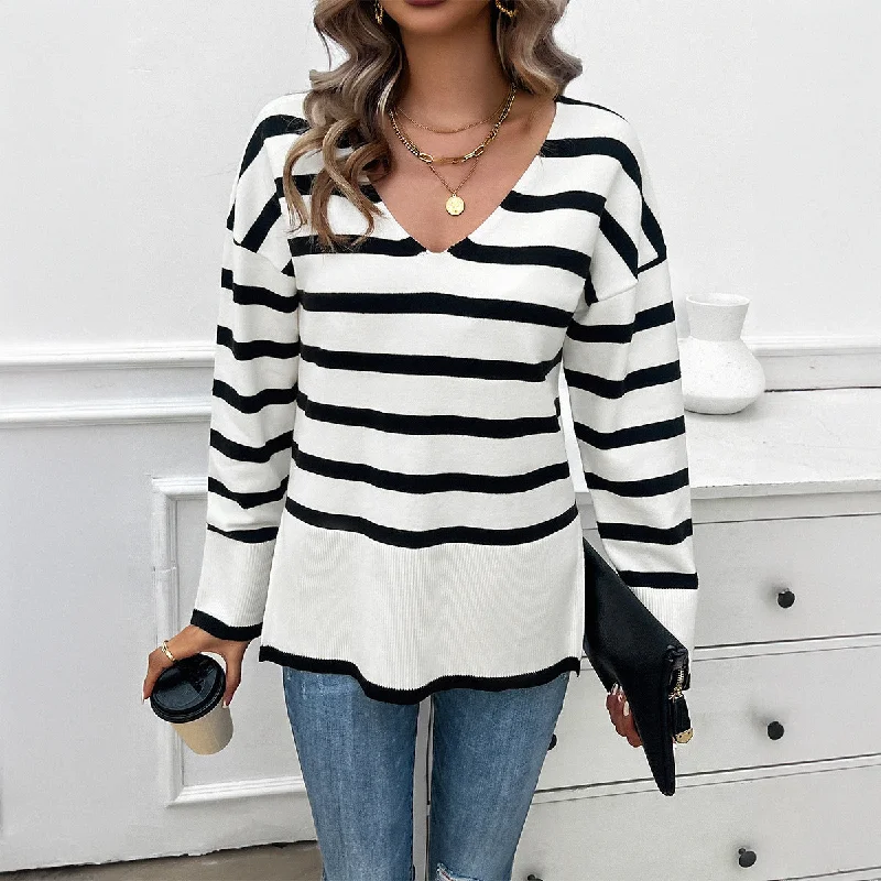 Price Break Loose Contrast Color V-Neck Long Sleeve Sweater Wholesale Womens Clothing N3824070500009 Price Break Loose Contrast Color V-Neck Long Sleeve Sweater Wholesale Womens Clothing N3824070500009
