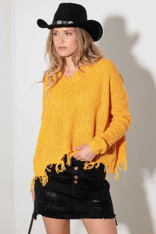 Weekend Bargains Await You V-Neck Long Sleeve Destroyed Hem Sweater