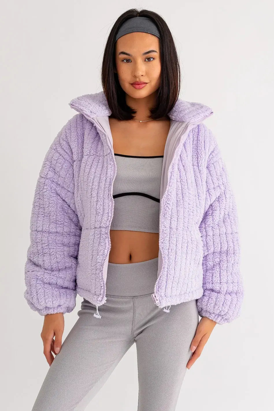 Celebrate the Weekend with Discounts Zip Up Stand Up Collar Fuzzy Puff Jacket