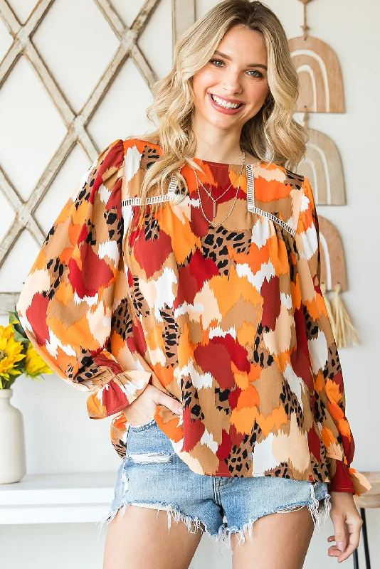 Weekend Specials to Relish Multicolor Abstract Print Boho Ruffle Long Sleeve Blouse