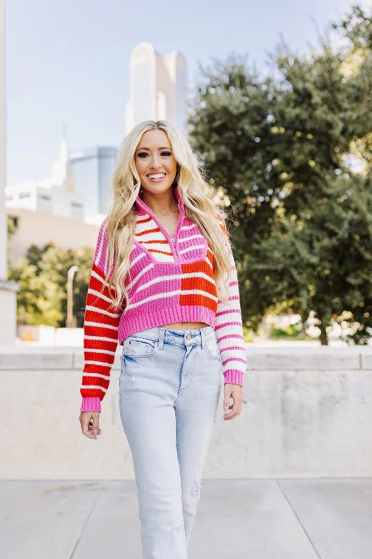 Weekend Offers That Shine Candy Stripe Cropped Sweater - Pink/Red
