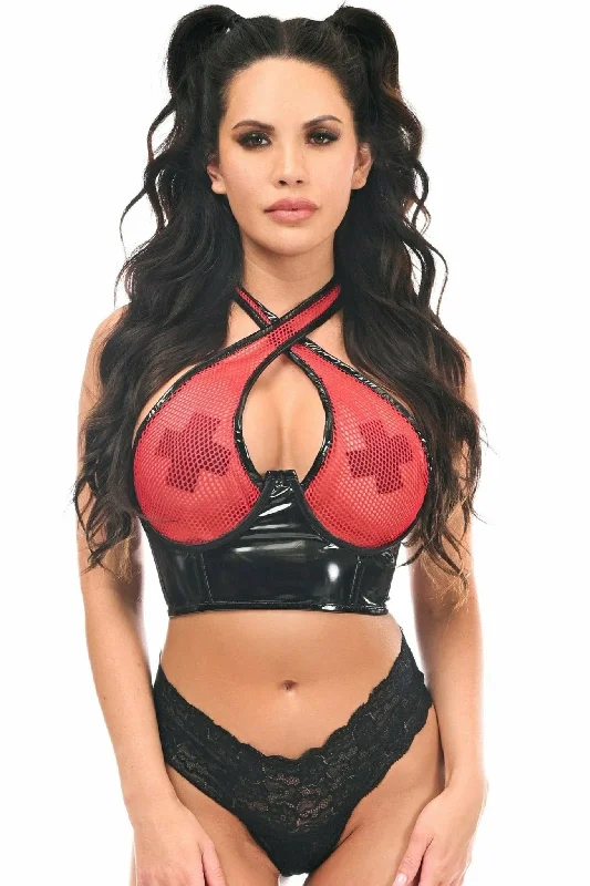 Best Bargains Sexy Red with Black Vinyl & Fishnet Halter Top Underwire Cincher