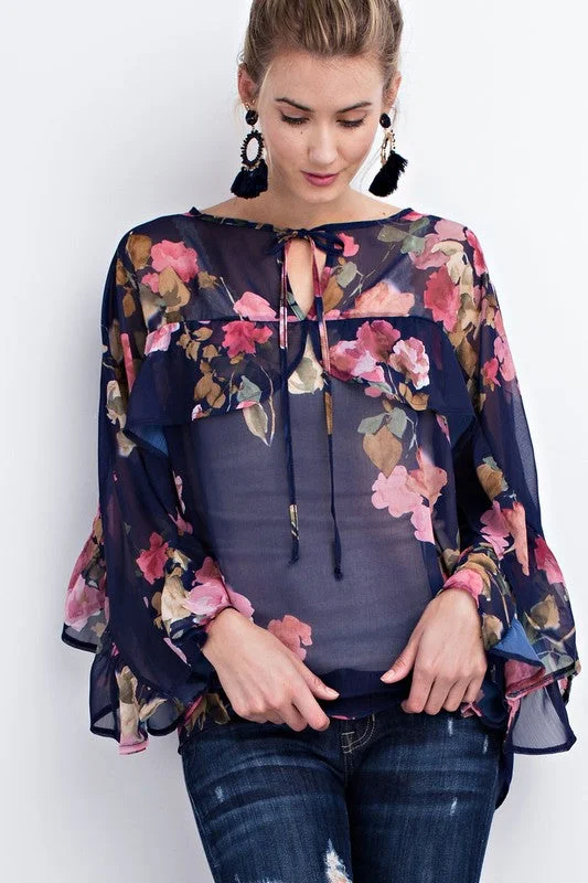Weekend Bargains to Sizzle Floral Sheer Chiffon Top W/ Ruffle