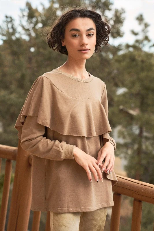 Unmissable Sale Mocha Ruffled Crew Neck Long Sleeve Top