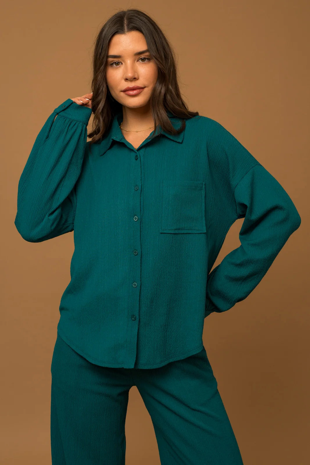 Act Fast Textured Single Front Pocket Long Sleeve Shirt