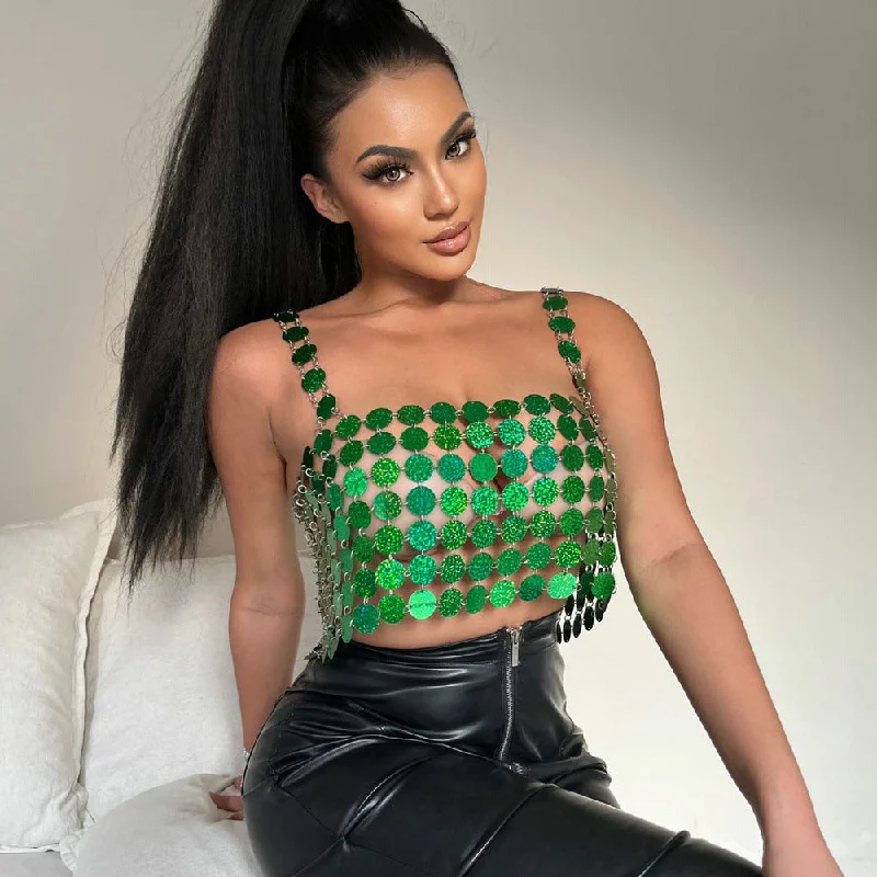 Overstock SHIHAN 2023 Fashion Nightclub Top Green Women Sexy Backless Square Metal Chain Sequin Vest Sexy Night Club Tops Ladies Vest