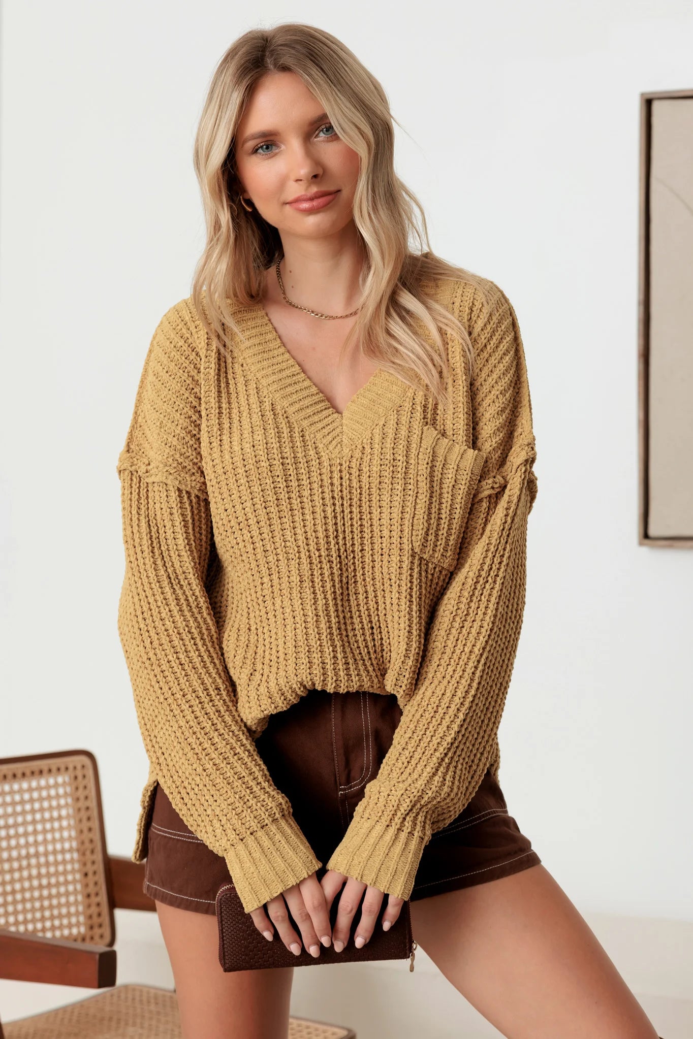 Weekend Savings Extravaganza Single Front Pocket Long Sleeve V-Neck Sweater
