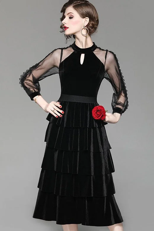 Deal Frenzy Velvet Tiered Dress W/ Mesh Sleeve