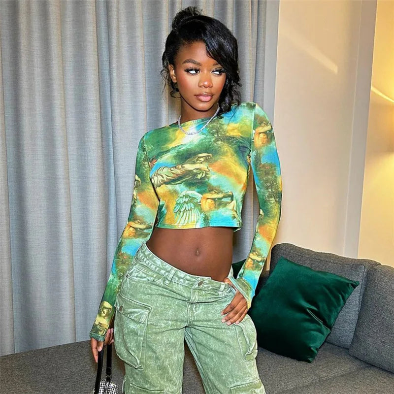 Buy Now Bomblook D23TP283 New Fashion Crew Collar Print Crop Tops For Women Ladies Tops Top Sexy