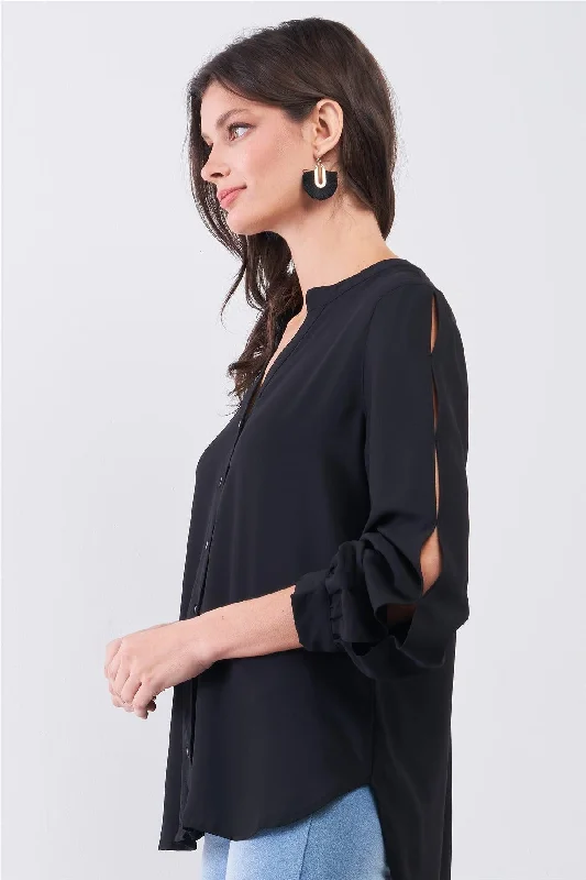 Final Clearance Black Asymmetrical Long Sleeve Button-Up Front Relaxed Shirt