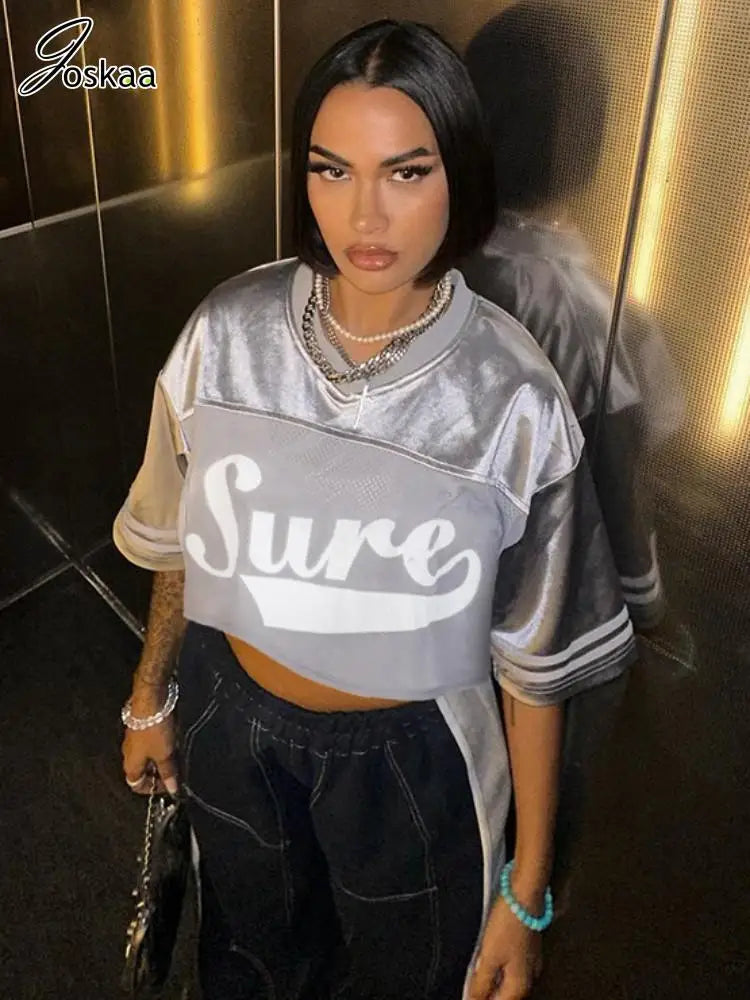 Unmissable Offer Joskaa Letter Printed Mesh Patchwork Y2K T-Shirts Women Casual V-Neck Short Sleeve Loose Crop Tops Graphic Tees Streetwear