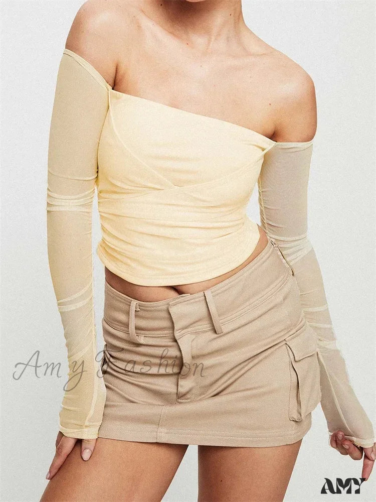 Now or Never Amy Fashion - Slash Neck Off Shoulder Mesh See Through Long SleeveT-shirts