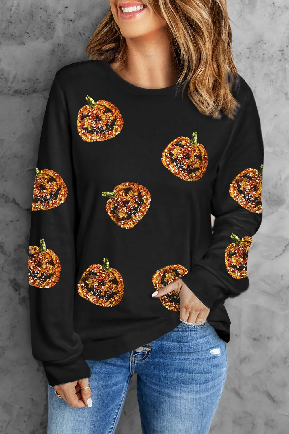 Weekend Bargains Just for You Sequin Pumpkin Round Neck Long Sleeve Top