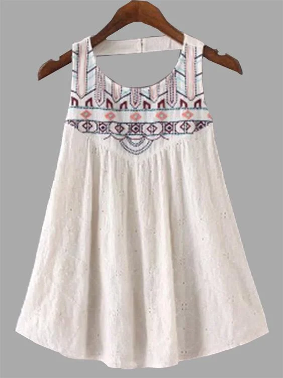 Deep Discounts Custom Round Neck Embroidered Backless Sleeveless White Camis