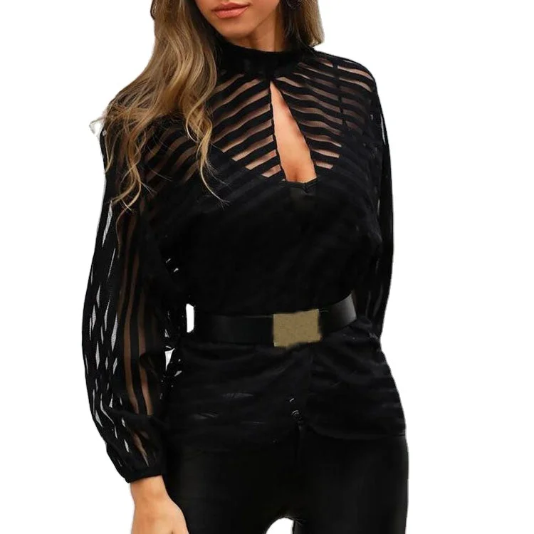 Great Deal Women Mesh Net Blouse Sheer Long Sleeve Ladies Shirt for Women Black Front Hollow Sexy Tops Womens Clothing Female Blouses
