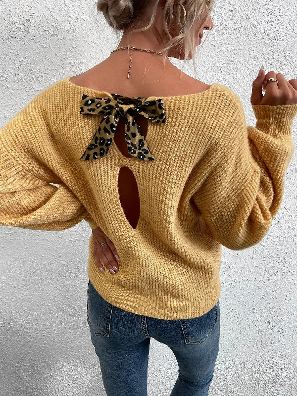 Clearance Sale Casual Plain Bow Long Sleeve Round Neck Regular Women Sweater