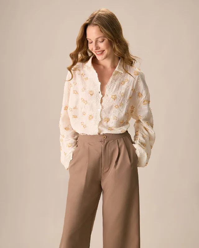 Don't Wait Women's Apricot Jacquard Cotton Long Sleeve Shirt
