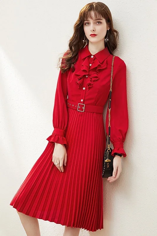Sale Event Red Pleated Dress W/ Ruffle