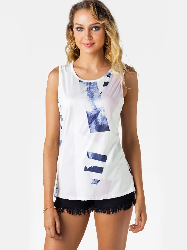 Can't Miss Custom Round Neck Geometrical Zip Back Sleeveless White Camis