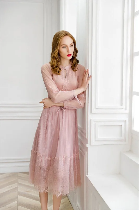 Unmissable Offer Pink Suede and Pleated Lace Dress