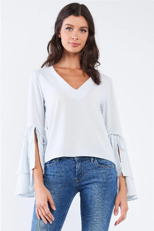 Weekend Savings Spectacular Light Blue V-Neck Long Bluebell Slit Draw String Tie Double Frill Sleeve Top Weekend Savings Spectacular Light Blue V-Neck Long Bluebell Slit Draw String Tie Double Frill Sleeve Top