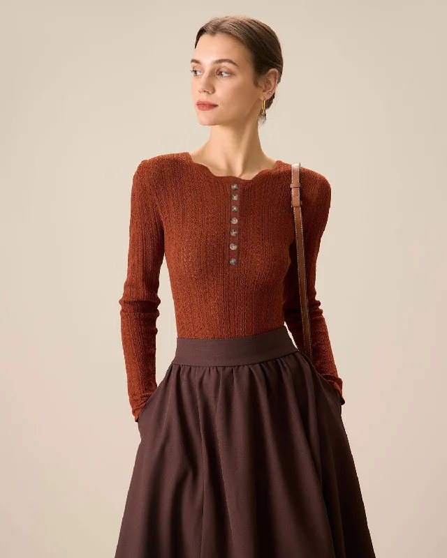 Time-Limited Offer Women's Brown Round Neck Slim Sweater
