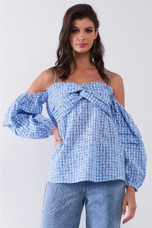 Today's Deal Blue & White Checkered Floral Print Off-The-Shoulder Balloon Sleeve Relaxed Blouse Today's Deal Blue & White Checkered Floral Print Off-The-Shoulder Balloon Sleeve Relaxed Blouse
