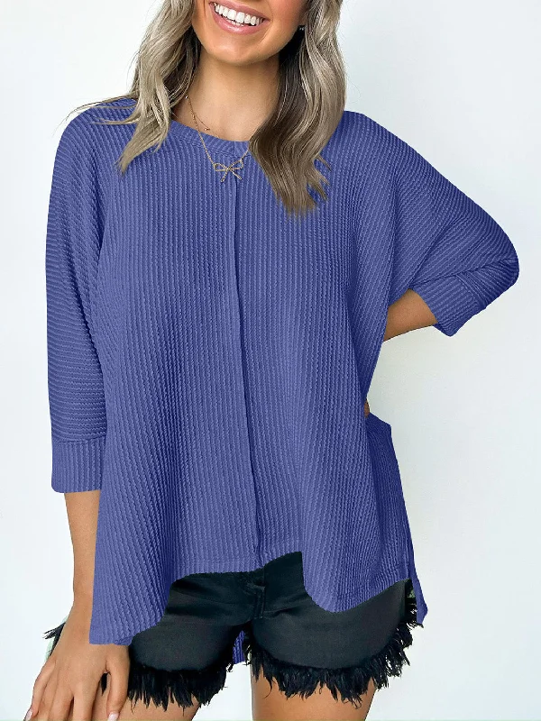 Hurry In Textured Round Neck Three-Quarter Sleeve Blouse