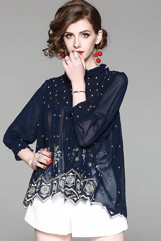 Weekend Bargains to Love Pleated Chiffon Top W/ Embroidery