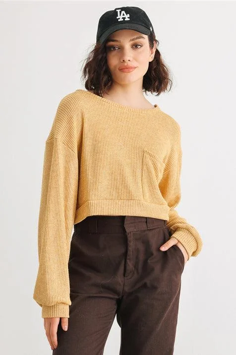Crazy Savings Dusty Yellow Knit Round Neck Long Sleeve One Pocket Top
