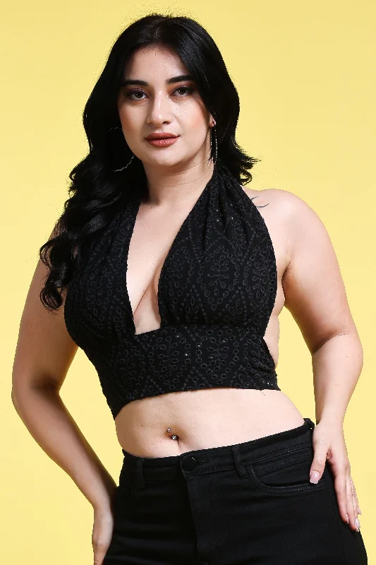 Buy Today Black Solid Cutwork Neck & Back Tie Top