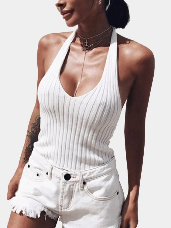 Price Drop OEM ODM Halter Deep V Neck Sleeveless White Camis