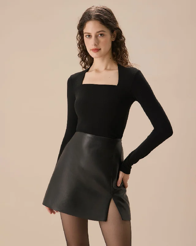 Weekend Offers That Amaze Black Square Neck Slim Knit Tee