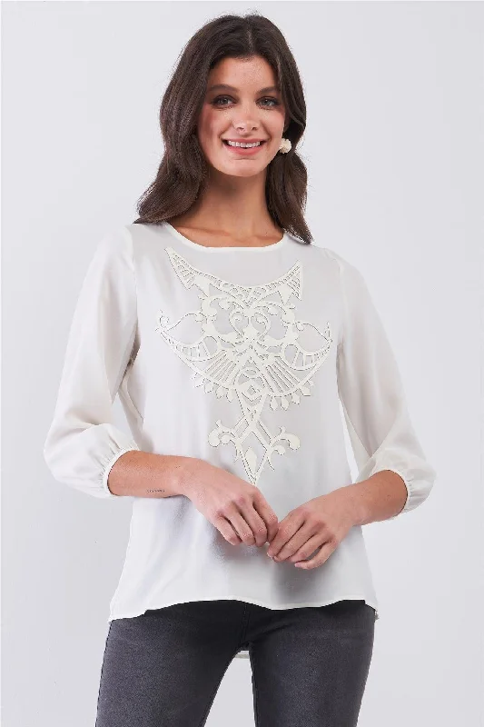 Weekend Offers That Sizzle Creme Round Neck 3/4 Puff Sleeve Vegan Leather Front Detail Loose Fit Top Weekend Offers That Sizzle Creme Round Neck 3/4 Puff Sleeve Vegan Leather Front Detail Loose Fit Top
