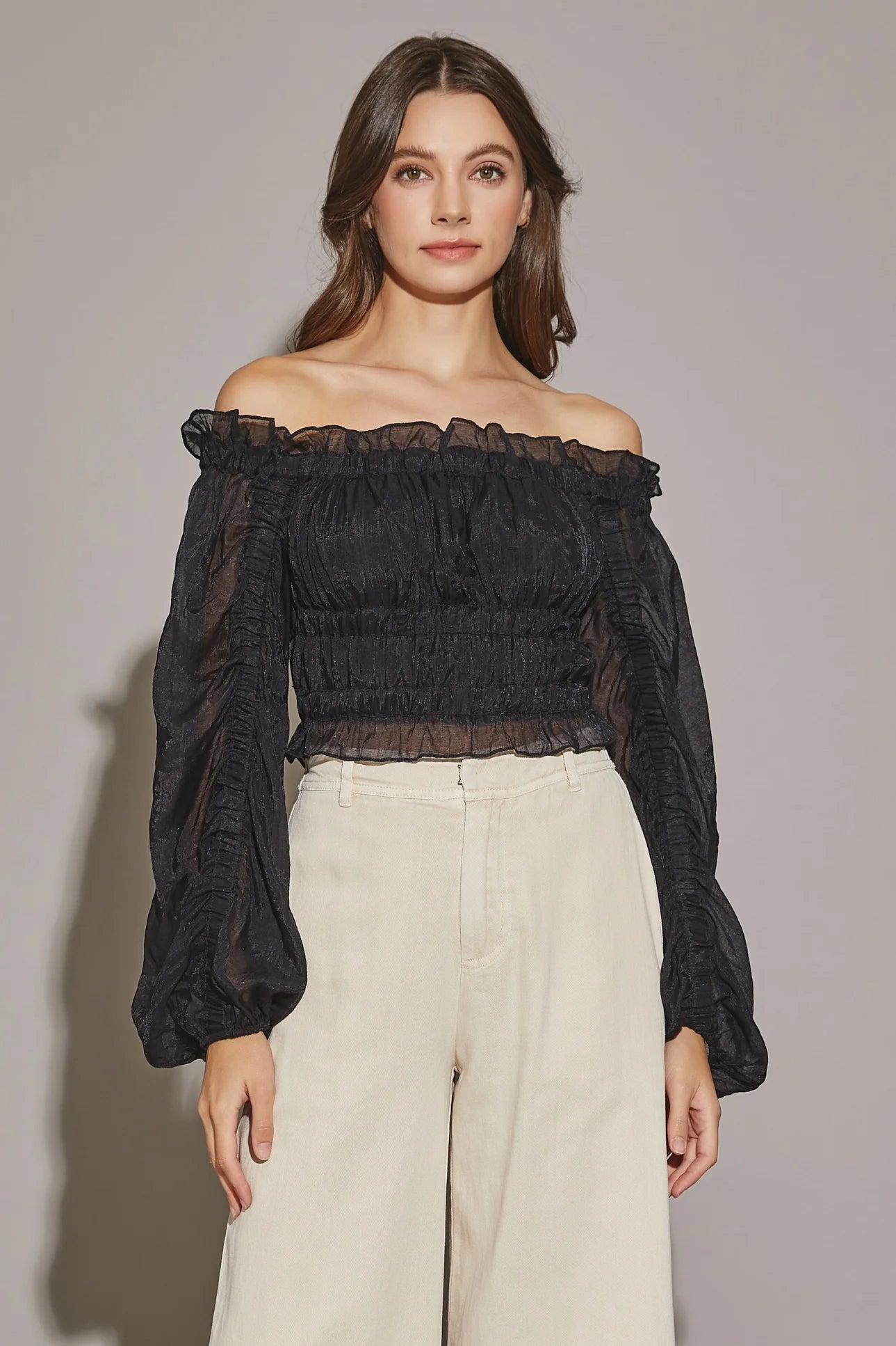 Bargain Alert Off The Shoulder Shirring Crop Blouse