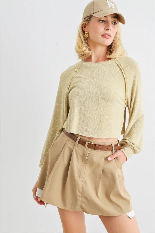 Final Sale Pale Yellow Long Sleeve Crew Neck Relax Crop Top /1-2-2-1