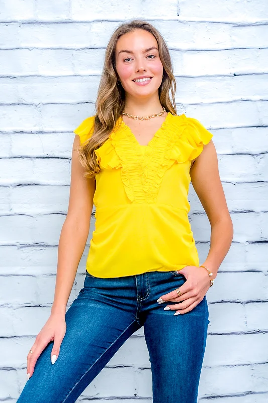 Early Access V-Neck Ruffled Cap Sleeve Top With Key Hole And Zipper Back* (55284T)