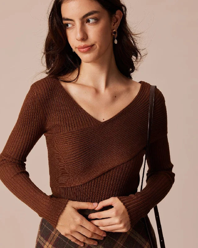 Savings Galore The Coffee V Neck Criss-Cross Wrap Knit Top